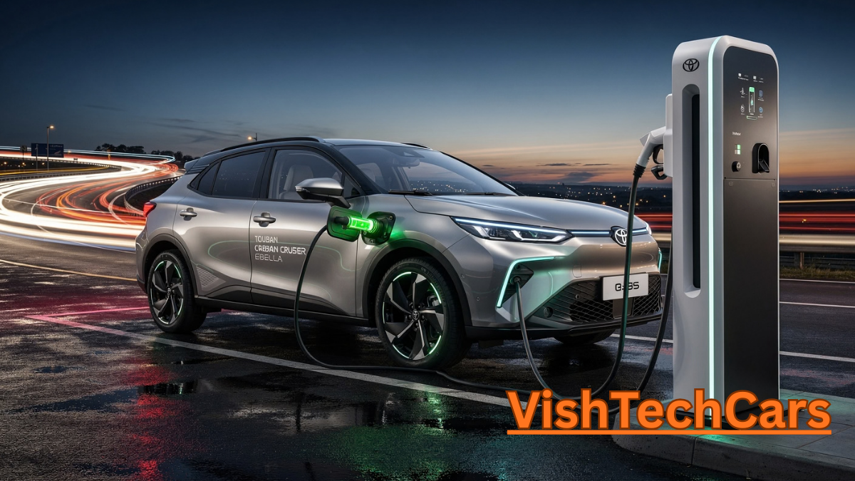 Toyota Ebella EV charging at a fast-charging station on a highway.