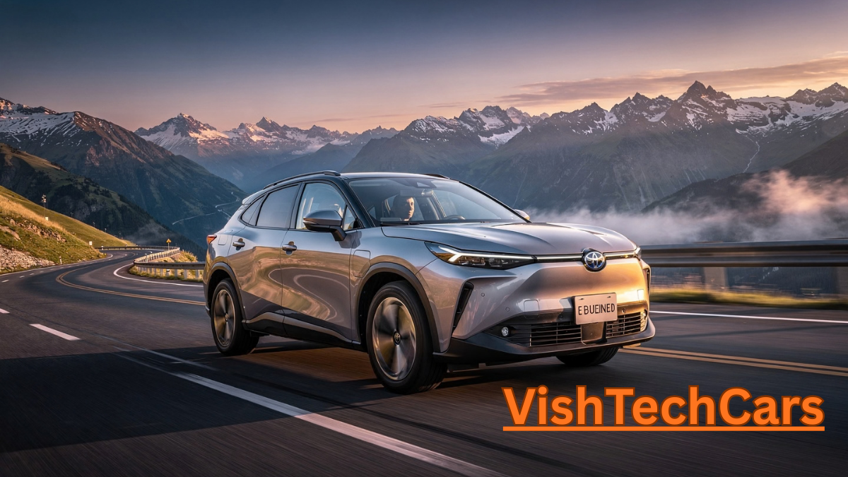  Toyota Ebella electric SUV driving on a mountain highway at sunset.