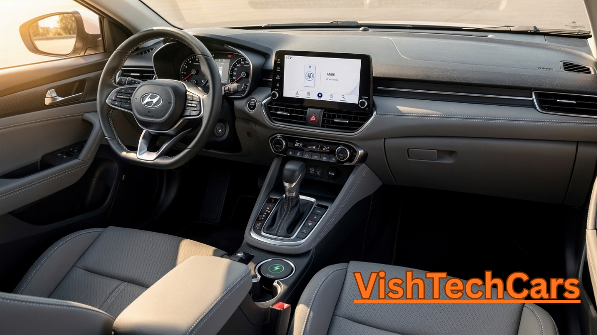 Premium dual-tone interior of Hyundai Aura featuring 8-inch touchscreen infotainment and wireless charging.