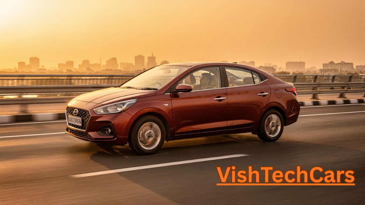 Hyundai Aura driving on a highway at sunset showcasing its aerodynamic sedan profile and performance.