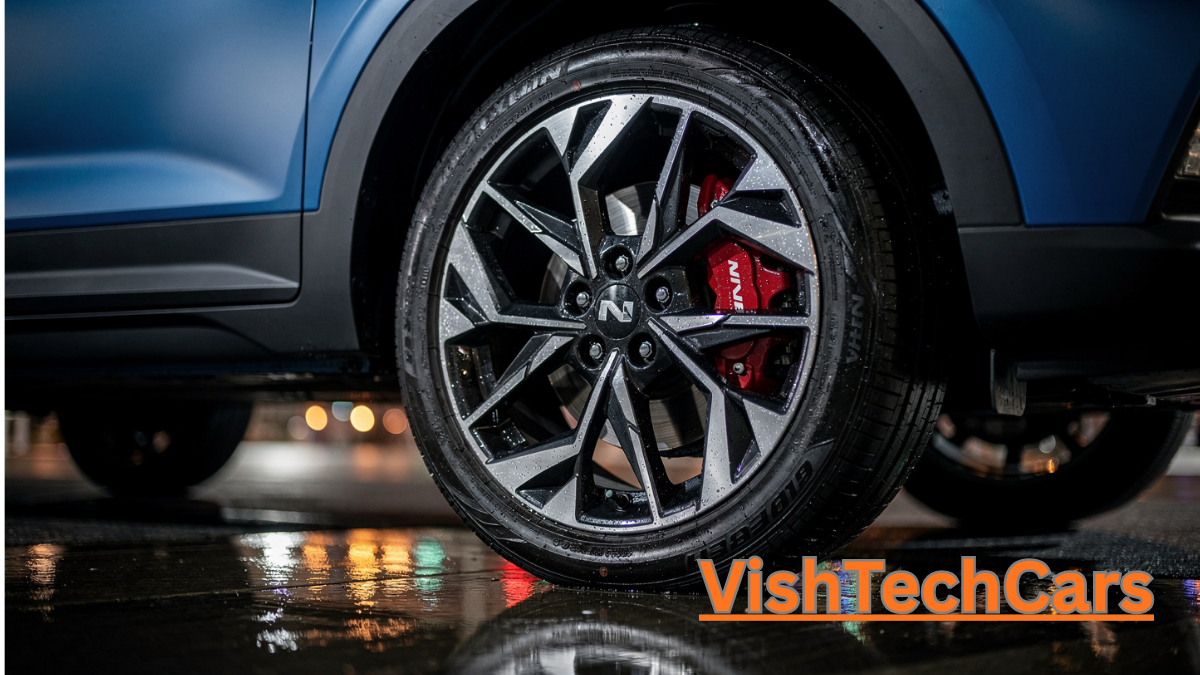 Close-up of 18-inch diamond-cut sporty alloy wheels of Hyundai Creta N Line with signature red brake calipers and N logo - VishTech Cars