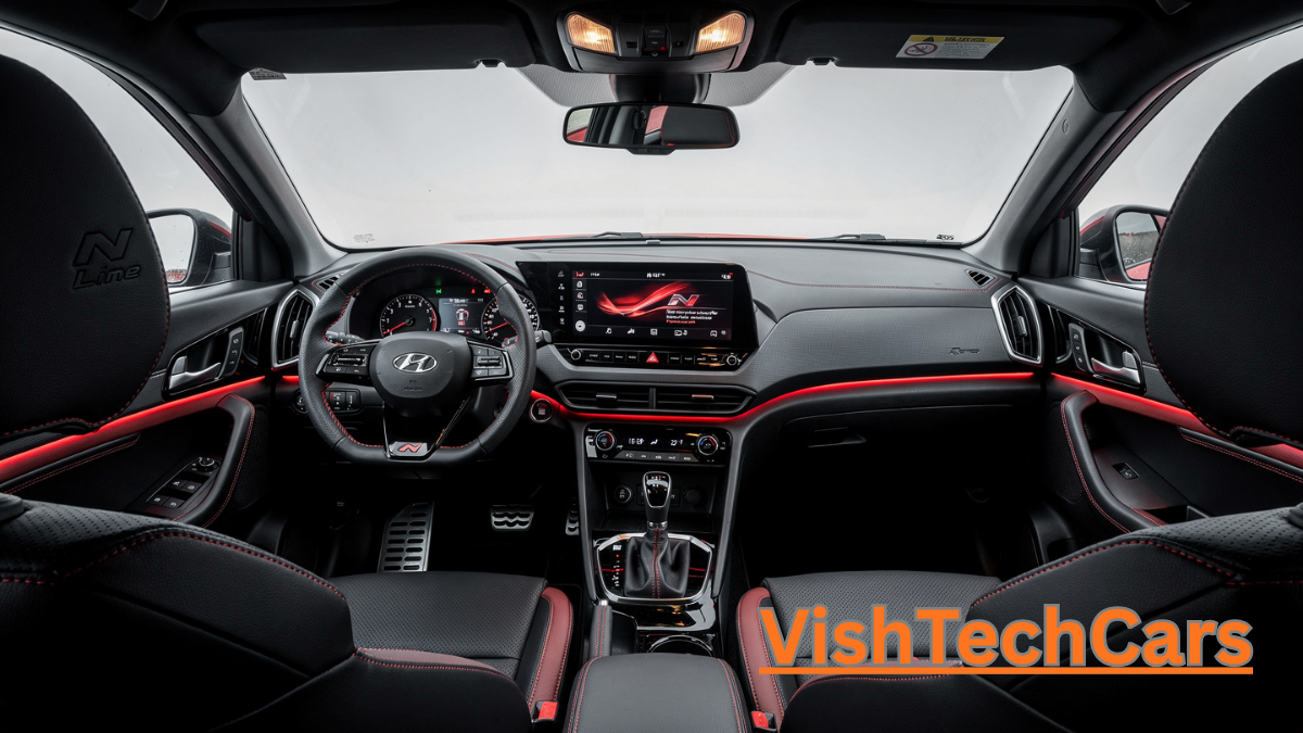 Luxury all-black interior of Hyundai Creta N Line featuring red ambient lighting, N-branded steering wheel, and dual-screen dashboard - VishTech Cars