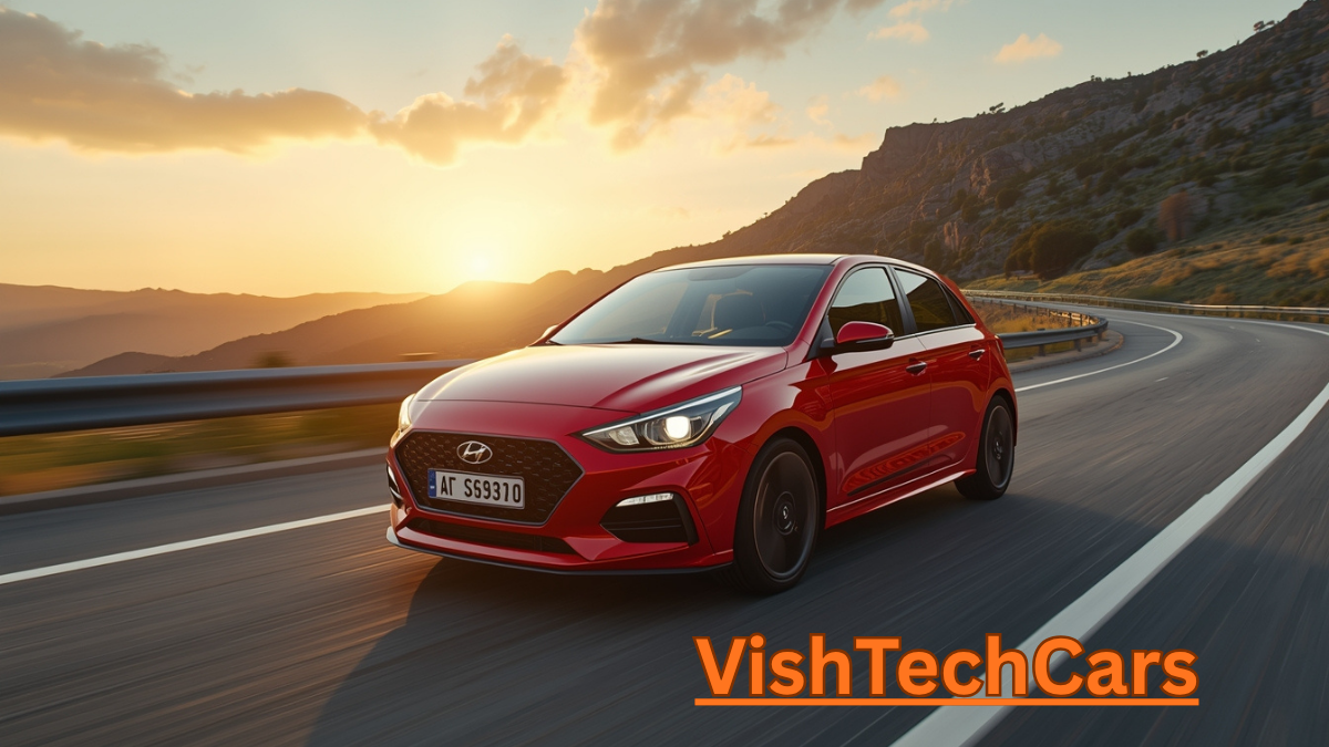 Sporty red Hyundai i20 driving on a mountain highway at sunset.