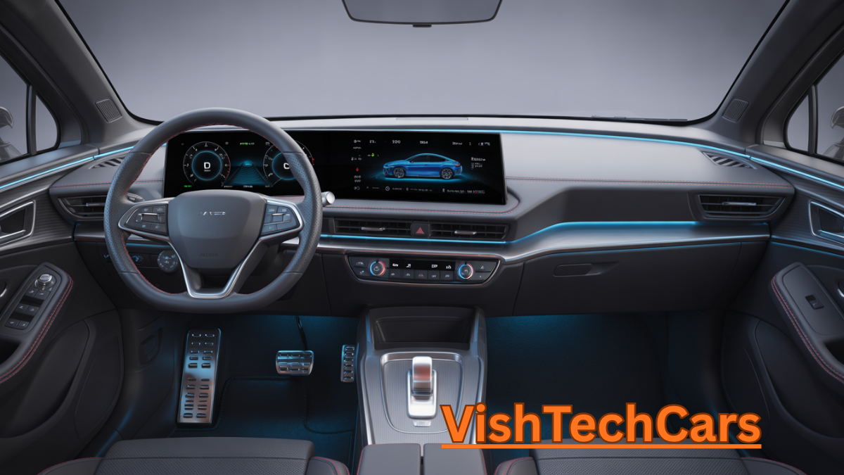 High-tech interior of Hyundai i20 featuring dual screens and blue ambient lighting.