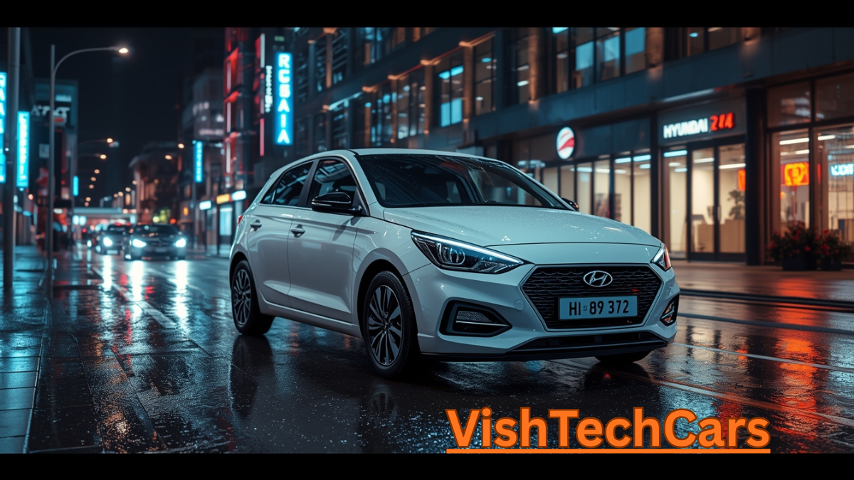 White Hyundai i20 parked on a neon-lit city street with wet road reflections.