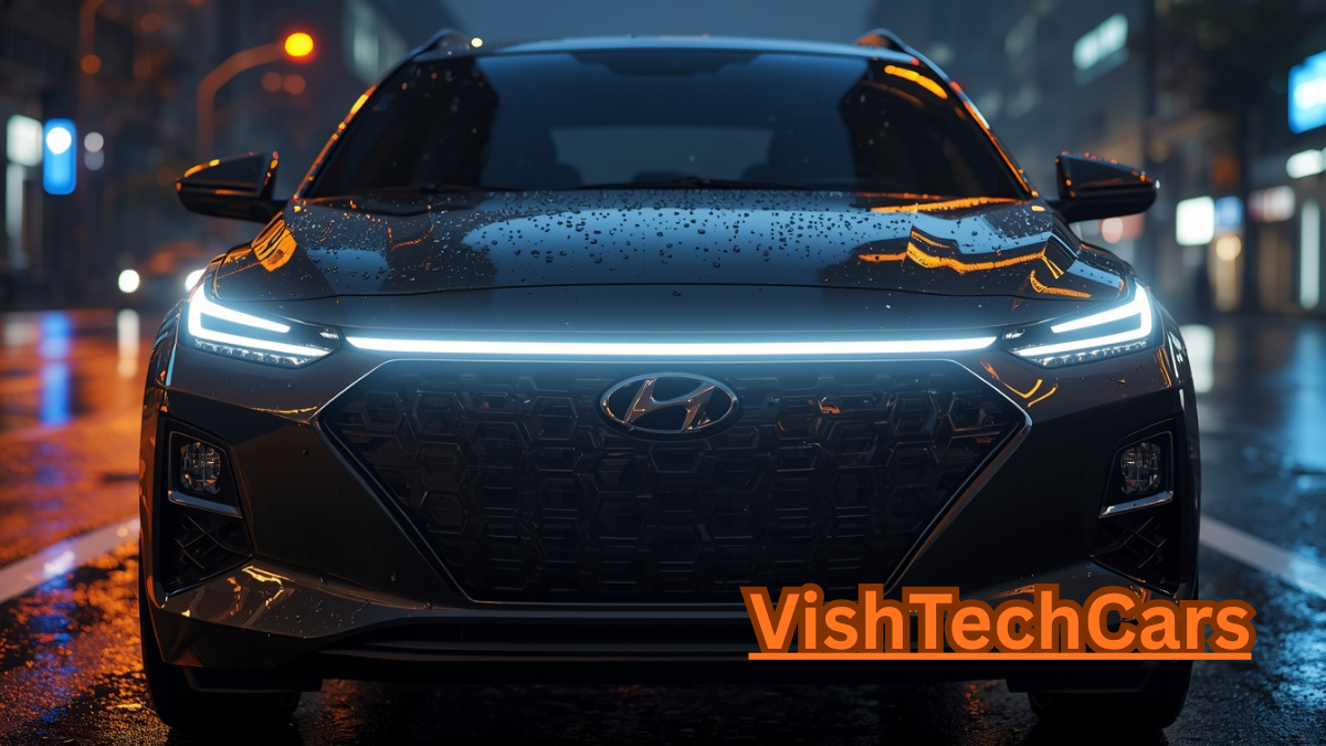 Futuristic LED light bar and parametric grille of 2026 Hyundai Venue facelift at night in rain.