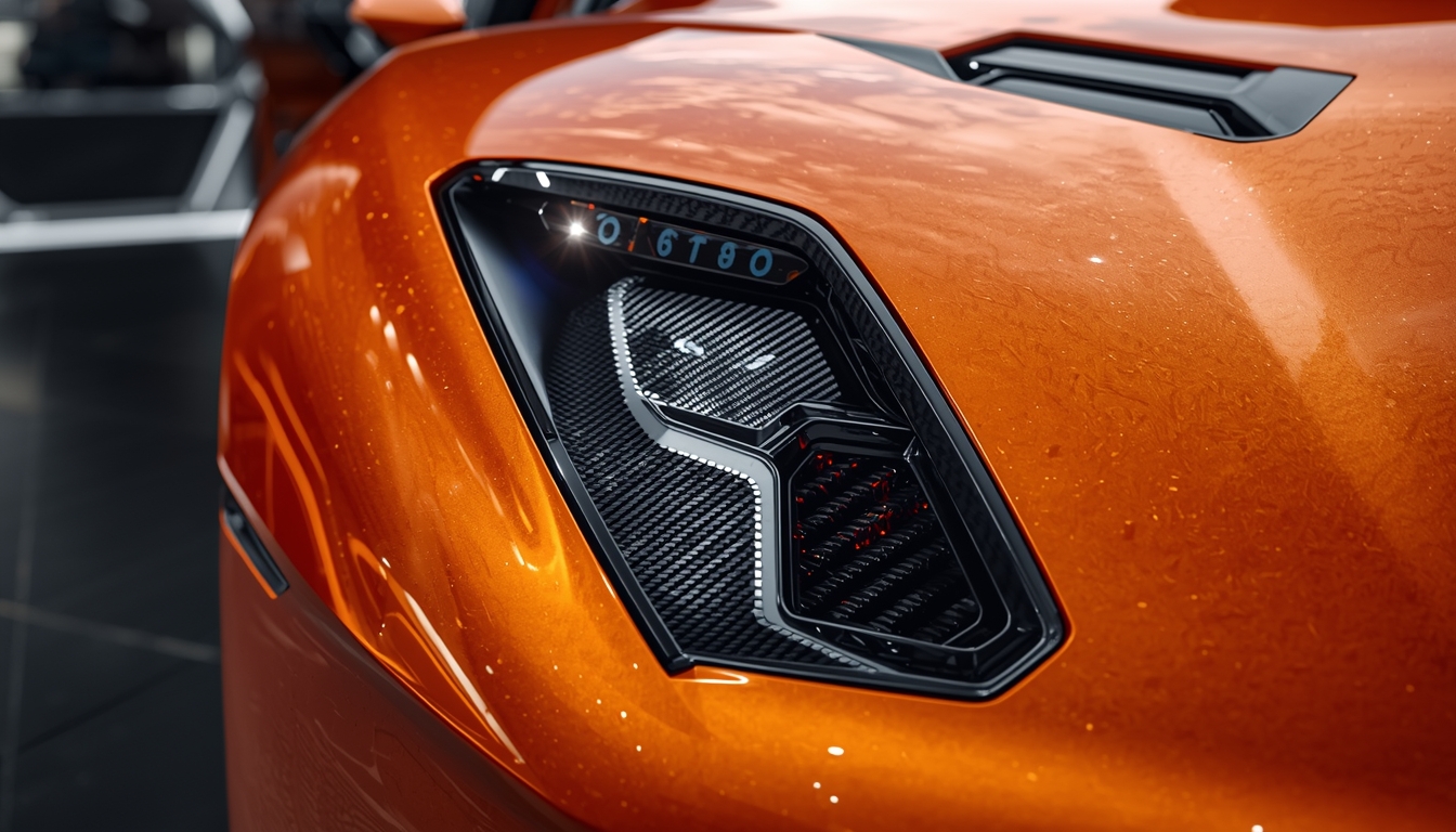 Close up shot of 2026 Lamborghini Revuelto headlight and carbon fiber finish.