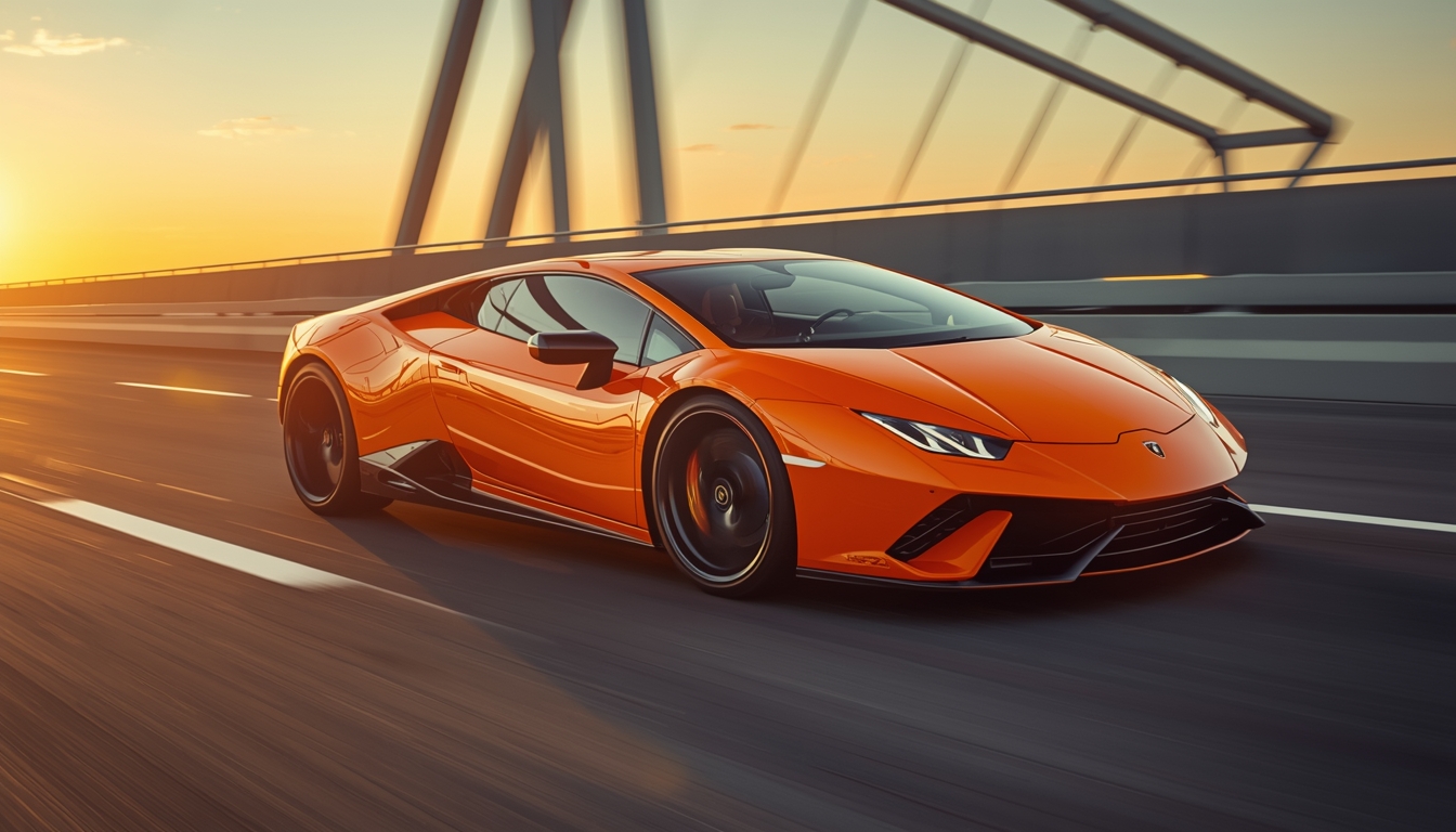Lamborghini Revuelto 2026 speeding on a highway at sunset representing high performance.