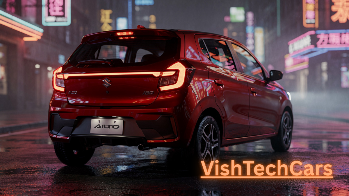Rear view of 2026 Maruti Alto with connected LED tail lights at night