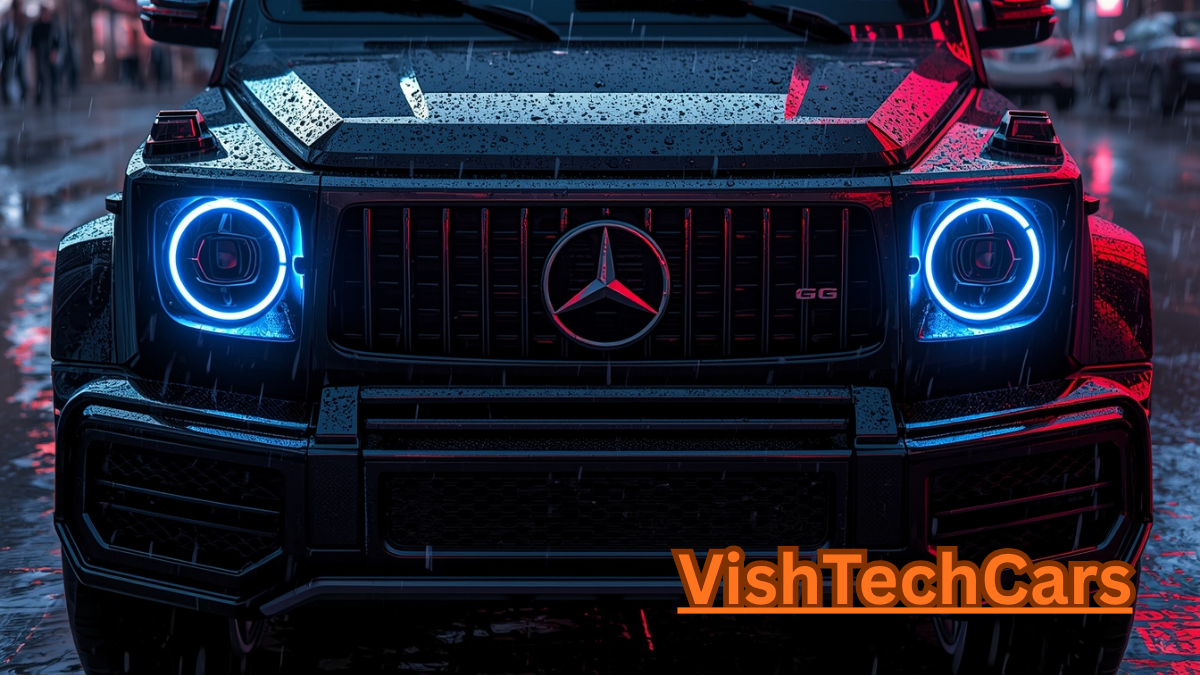 Close-up of Mercedes G 580 Electric front grille with glowing blue LED lights in rain.