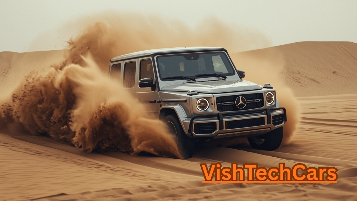 Electric G-Wagon performing a viral 360-degree G-Turn in the desert dunes.