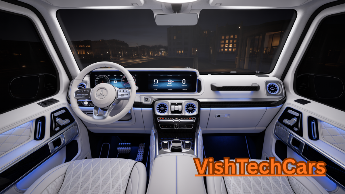 Futuristic white luxury interior of 2026 Mercedes-Benz G-Wagon Electric with MBUX screens.