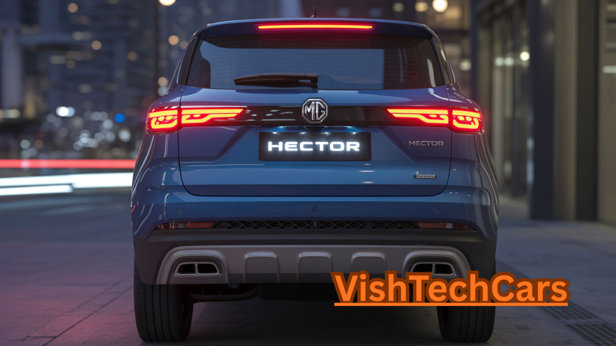 Rear profile of 2026 MG Hector in blue color with connected LED tail-lamps and smoked effect.