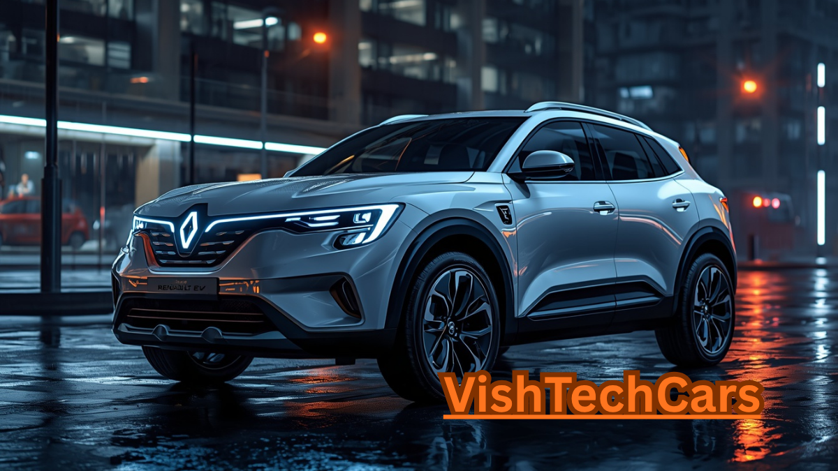   Futuristic Renault Bridger EV electric SUV parked in a smart city at night with LED lights. 