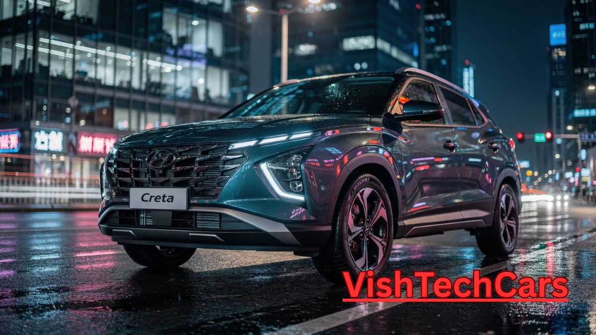 Hyundai Creta 2026 facelift luxury design with LED DRLs at night in city

