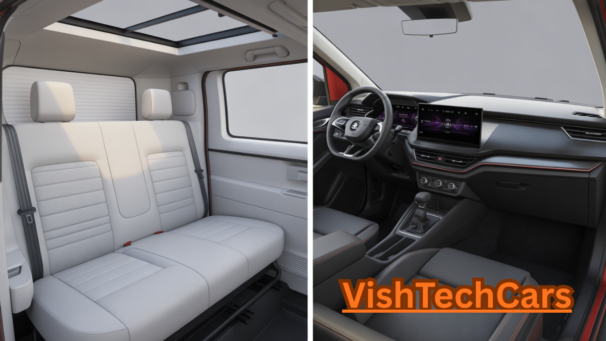 Interior comparison showing Tata Sierra lounge seats and Skoda Kushaq digital dashboard.